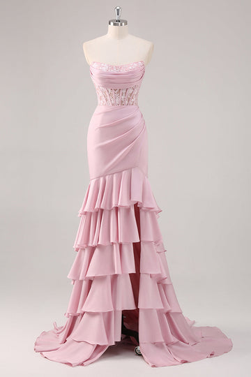 Blush Mermaid Strapless Corset Tiered Long Formal Dress with Slit